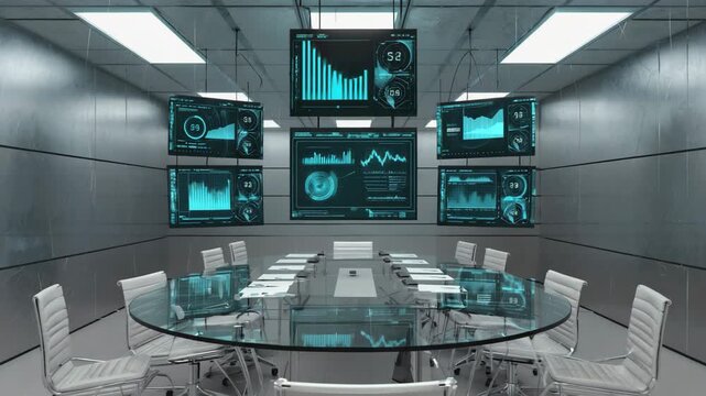 High Tech Data Monitoring Command Center Boardroom with multiple wall mounted digital displaying analytics dashboards, performance metrics, real time data visualizations