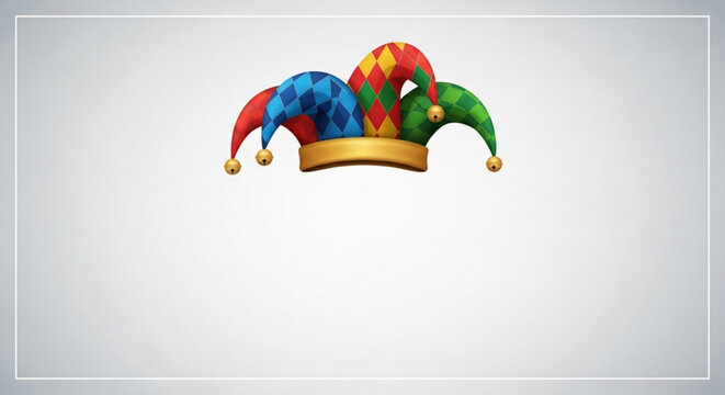Colorful jester hat with multicolored patches on a gold base against a white background