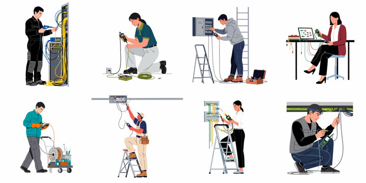 Professionals installing and maintaining electrical and network systems, including data cabling, fiber optics, and power distribution, using specialized tools and equipment for testing and connection.