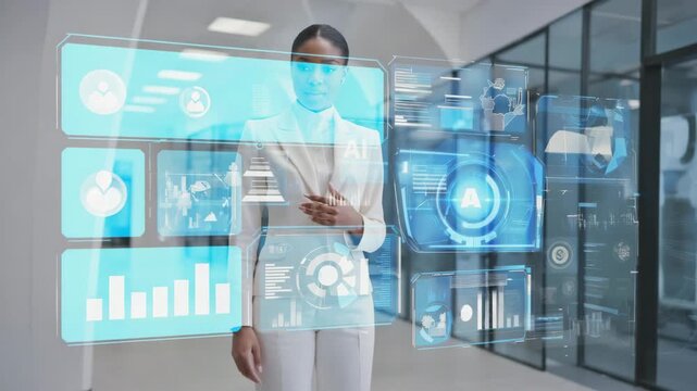 Professional businesswoman in a modern office interacts with holographic interface displaying AI analytics, financial charts, user data panels, digital transformation, smart business management