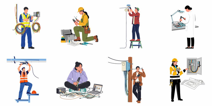 Diverse skilled workers performing electrical installations, maintenance, and network repairs with tools and wiring.