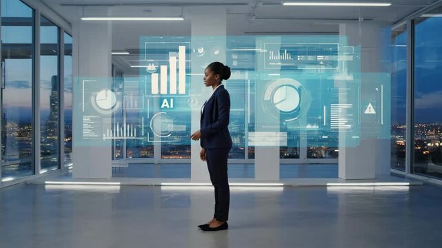 Professional business analyst interacts with a large AI powered dashboard displaying charts, graphs, performance metrics, data driven strategy, advanced business intelligence technology