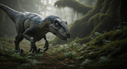 Fototapeta premium A realistic depiction of a Velociraptor dinosaur exploring a lush, moss-covered jungle environment with a focus on its predatory features and intelligent gaze