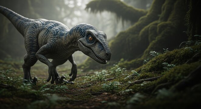 A realistic depiction of a Velociraptor dinosaur exploring a lush, moss-covered jungle environment with a focus on its predatory features and intelligent gaze