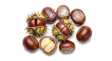 Obraz premium Chestnuts and Chestnut Shells on White Background.