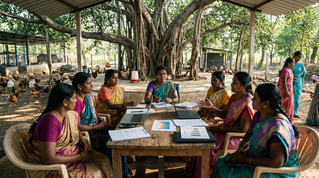 Indian Rural Women Self Help Group Meeting for Microfinance and Digital Literacy