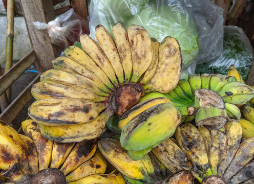 Ripe saba banana or pisang kepok on display at a traditional market in Indonesia, perfect for culinary, agricultural, or healthy lifestyle content.