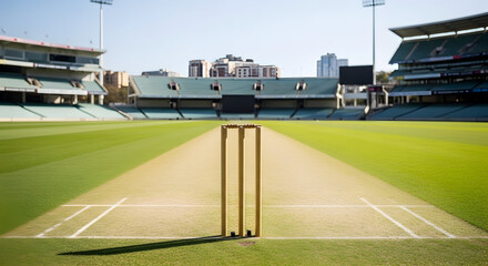 Obraz premium Cricket Wicket in Empty Stadium with Green Grass and City Skyline in Bright Sunny Lighting for Sports Editorial