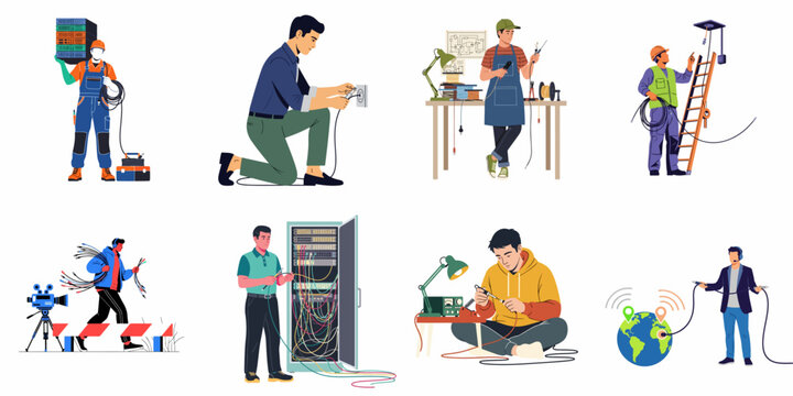 IT and Electrical Technicians: A Comprehensive Set of Illustrations Depicting Professionals Working with Cables, Networks, Installation, Repair, and Global Connectivity.