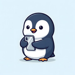 Obraz premium Cute cartoon penguin character holding a smartphone and looking at the screen with a happy expression
