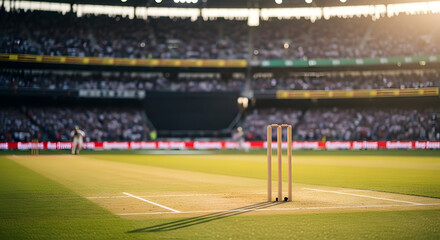 Cricket Stadium with Wickets in Bright Sunny Lighting on Green Grass Field for Sports Event