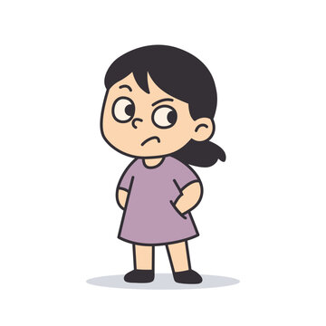 Playful Big Eyed Girl with Purple Headband, Cute Flat Vector Cartoon Character Illustration