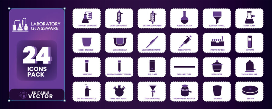 Laboratory glassware icons pack for science and research projects