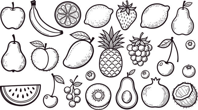 Fruit doodle icon collection. Includes banana, orange slice, lemon, pear, apple, strawberry, grapes, pineapple, and more. Created in doodle style with black lines