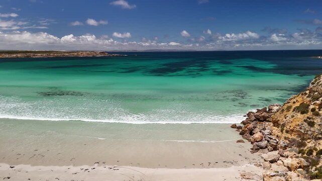 Fishery Bay, Sleaford, South Australia &ndash; 4K Aerial Drone Footage of Turquoise Waters, White Sand Beach and Rugged Eyre Peninsula Coastline in Lincoln National Park. 