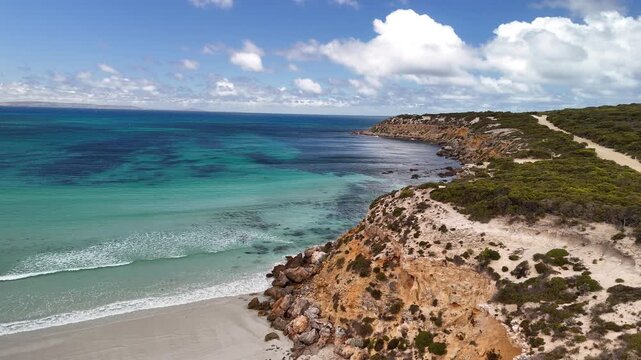 Fishery Bay, Sleaford, South Australia &ndash; 4K Aerial Drone Footage of Turquoise Waters, White Sand Beach and Rugged Eyre Peninsula Coastline in Lincoln National Park. 