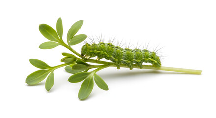 Fototapeta premium Green caterpillar crawling on a sprig of green rue plant against a white backdrop studio shot for nature and educational purposes