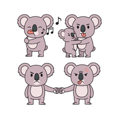 Fototapeta premium Cartoon koalas expressing different emotions and interactions with copy space
