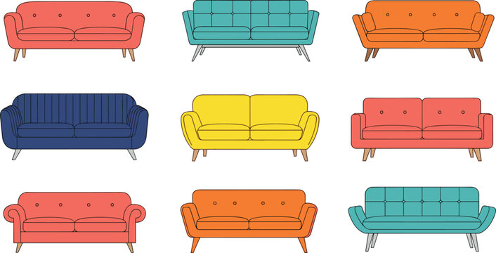 Colorful Sofa Set Illustrations for Living Room, Furniture, and Interior Design Concepts