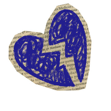 Hand drawn broken heart shape with crayon texture on paper collage for scrapbook 