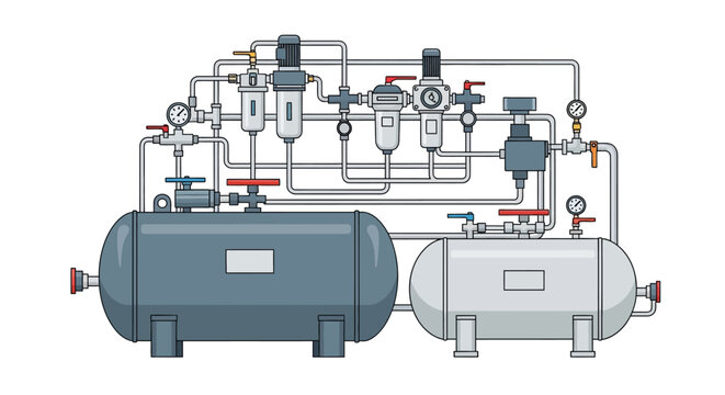 Complex industrial air compressor system with multiple tanks, filters, and regulators for compressed air management.