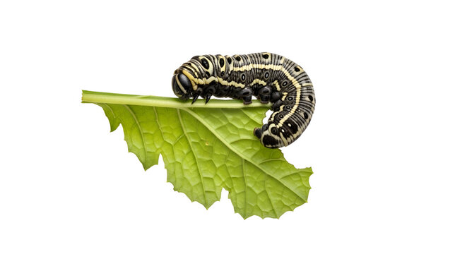 Spurge hawk-moth caterpillar resting on a green leaf showcasing its unique black and white markings in detailed studio shot