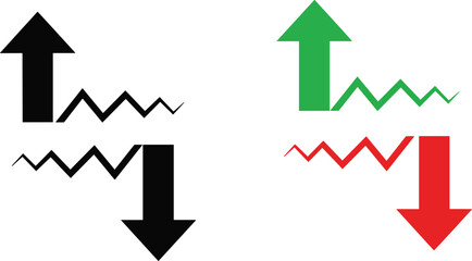 Financial growth and loss vector set featuring green up arrows and red down arrows with zig zag line graphs for stock market trading concepts. (25 words) © Ketab