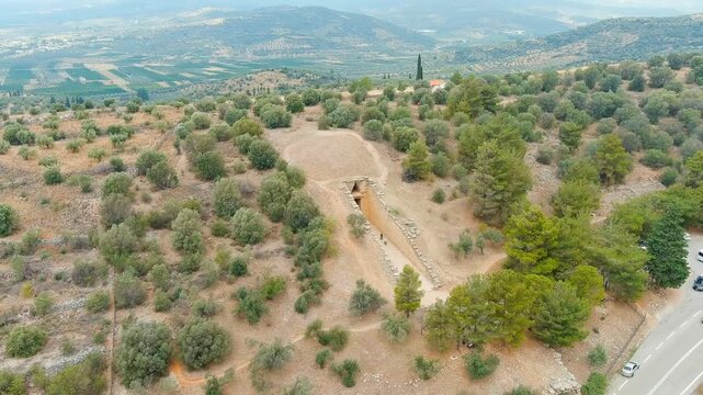 Mycenae, Greece. Excavation site: Greek settlement of the 12th century BC. e. with the ruins of the acropolis, palace and tombs. Drone footage, Point of interest