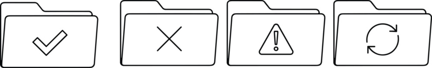 Minimalist outline collection of computer file folder icons featuring checkmark cross mark warning sign and sync symbols for data management web interface design.