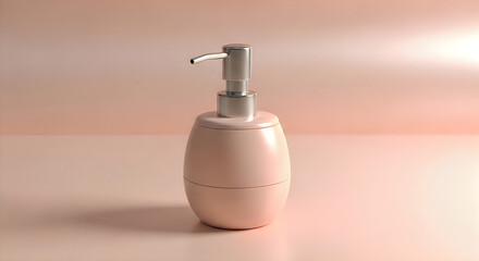 A pink soap dispenser on a pink surface with a light pink background