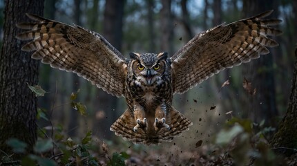 Fototapeta premium Furious Owl charging towards the camera, Owl fly, Owl attack with talons in the dark forest