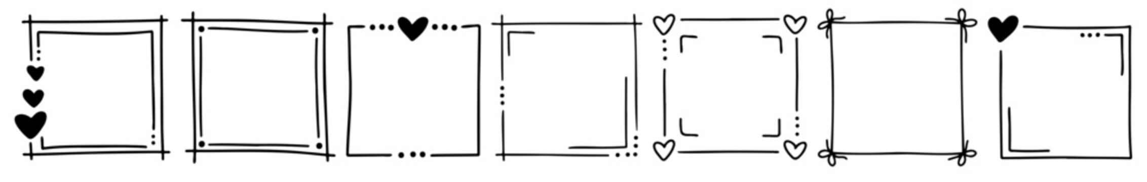 Set of sketchy frames made for qr code and scan me elements. Thin hand drawn lines create a casual look for labels, prints, flyers and modern branding designs.