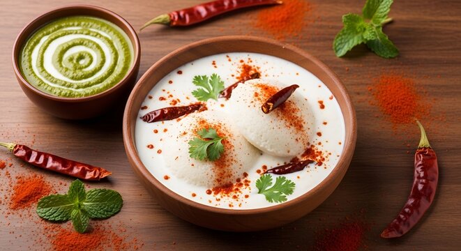 Dahi Vada Bhalla: Indian Street Food with Green and Tamarind Chutneys, Curd Vada in Yogurt, and South Indian Pongal Snack