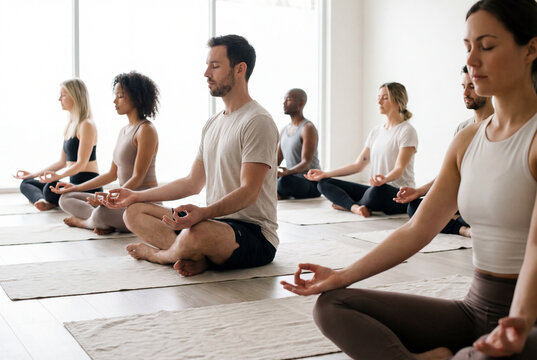 Diverse group of people meditating in a lotus pose during a yoga class at a studio