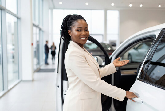 Professional female car dealer presenting a new vehicle in a modern showroom