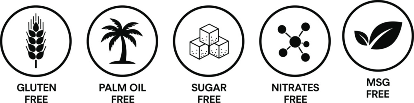 Set of black food dietary label icons including gluten free palm oil free sugar free nitrates free and msg free symbols for healthy product packaging.