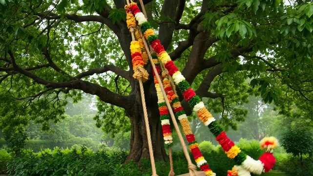 Decorative Wooden Swing with Floral Garlands Hanging from a Large Green Tree in a Lush Garden, Celebrating Hariyali Teej Festival