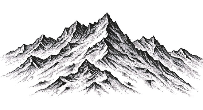 A black and white illustration of a mountain range with peaks and valleys.