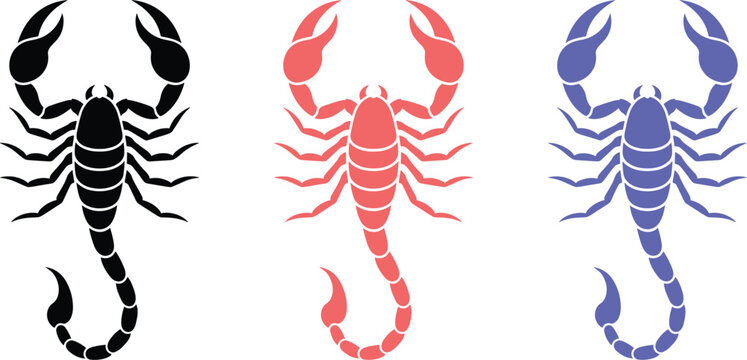 Scorpion Silhouette Vector Set in Black, Red and Blue with Detailed Claws and Stinger for Tattoo, Logo and Zodiac Design
