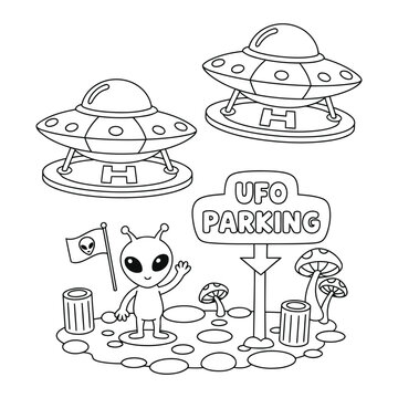  UFO coloring page with cute alien and parking sign illustration