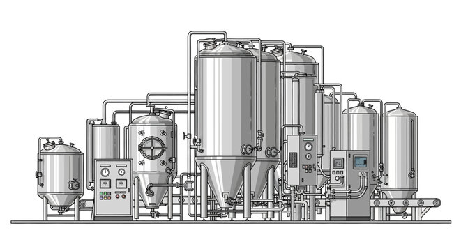 A complex industrial brewing system with multiple large tanks, pipes, and control panels, illustrating a sophisticated manufacturing process.