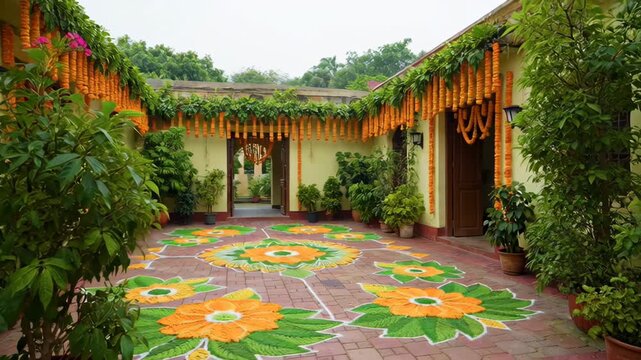Festive courtyard decorated for TEEJ festival with vibrant floral rangoli and lush green foliage, celebrating traditional Indian culture and spring season.
