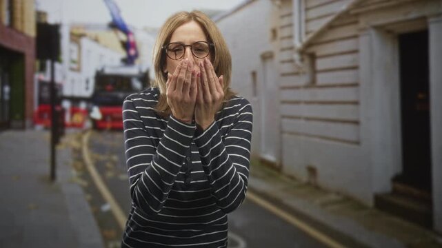 Woman in striped top and glasses touches finger to her lips while smiling on a narrow street with buildings and a bus; playful joy.