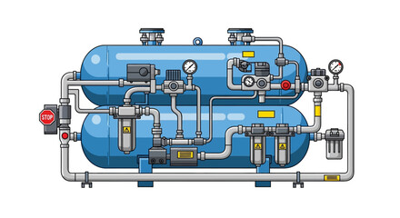 Naklejka premium Illustration of a complex industrial air compressor system with multiple tanks, pipes, gauges, and filters.