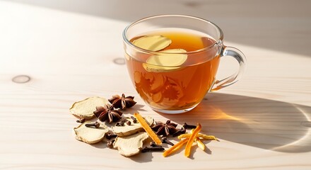 Warm herbal tea with slices of ginger and cinnamon sticks on a wooden surface. dried ginger tea