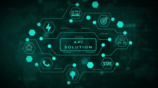 Abstract digital network of interconnected teal hexagons and a central rectangular frame against a dark blurred circuit board background with glowing green accents and subtle bokeh effects