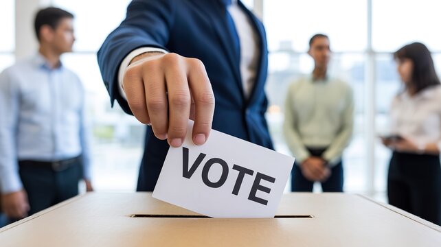 Man voting, casting ballot paper with word Vote into election box, business concept