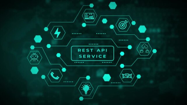Abstract digital network of interconnected teal hexagons and a central rectangular frame against a dark blurred circuit board background with glowing green accents and subtle bokeh effects