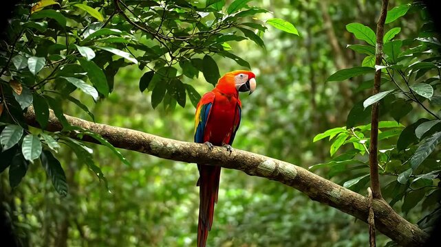 A scarlet macaw parrot flies and then perches on a tree branch. With the surrounding forest and dense trees during the day