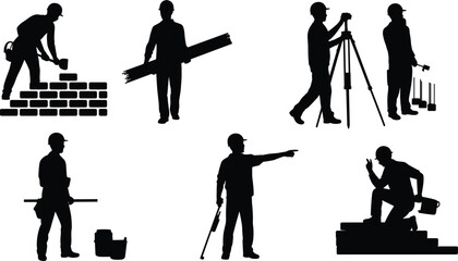 Construction Worker Silhouette Icons Set Featuring Bricklaying, Plank Carrying, Surveying, Pointing, and Tool-Based Tasks for Occupational Design